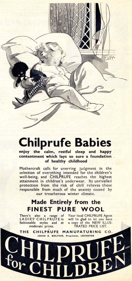 Lillian Hocknell advertising illustration for Chilprufe children’s clothing. From Mother magazine 1936 – note the spelling error