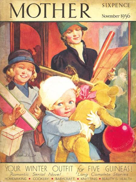 Mother magazine cover of child with toys by Lilian Hocknell from November 1936
