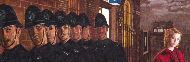 Detail from John Bull magazine cover of marching policemen with the Angel pub at Rotherhithe in the background