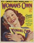 This is the cover for the relaunch of Woman's Own in 1937 as a colour weekly. Note this is a true self referential cover because the woman is holding a copy of the magazine she appears on!