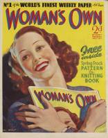 This is the cover for the relaunch of Woman's Own in 1937 as a colour weekly. Note this is a true self referential cover because the woman is holding a copy of the magazine she appears on!